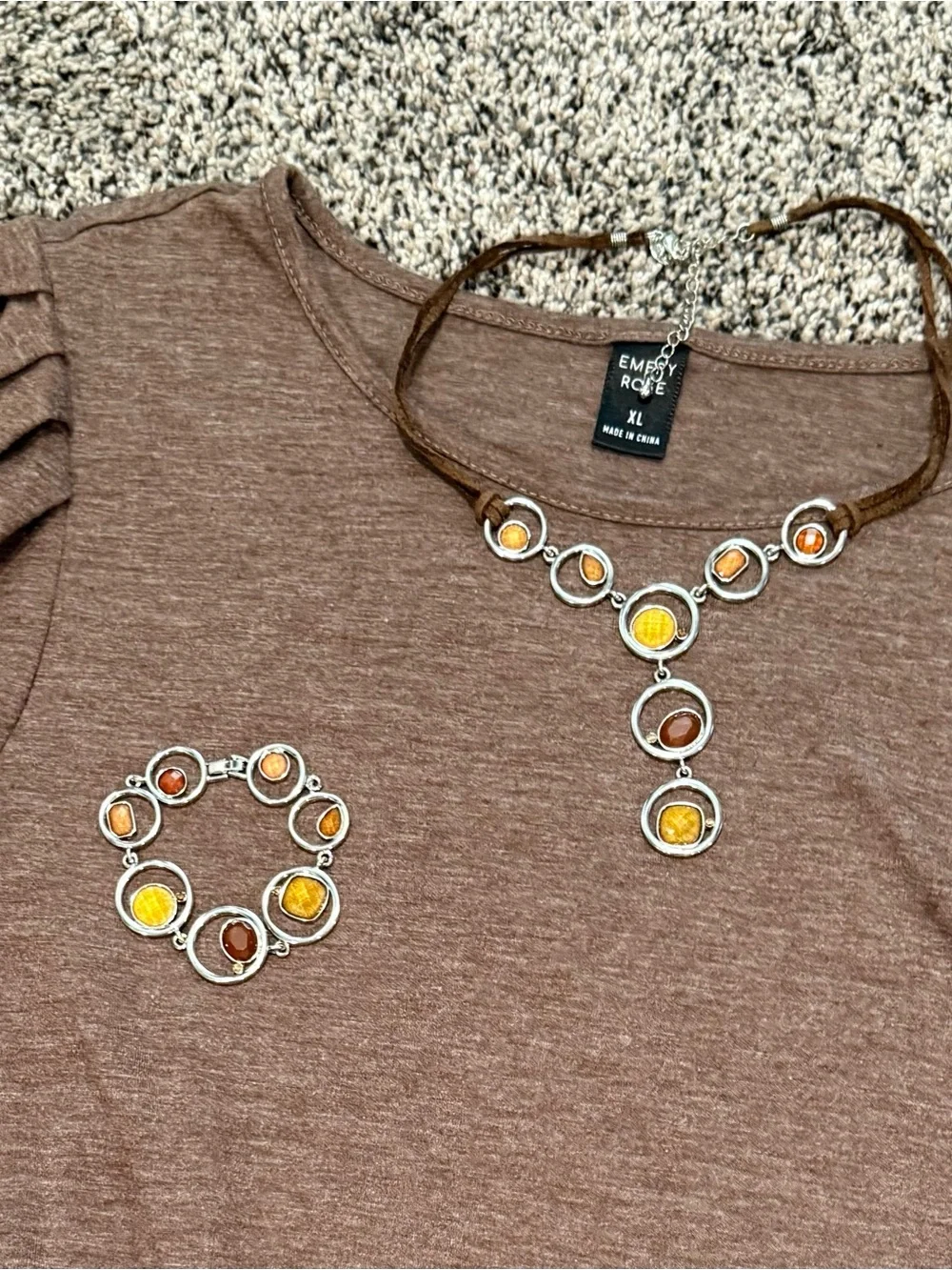 Brown and Amber Circle Link Necklace and Bracelet Set